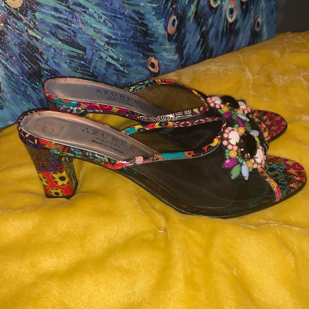 Azuree Cannes Size 5.5 Beaded Mesh Open Toe Chunk Heels
